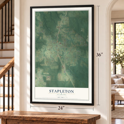 Stapleton, Alabama map, 24 x 36 inch print in a black frame by a staircase