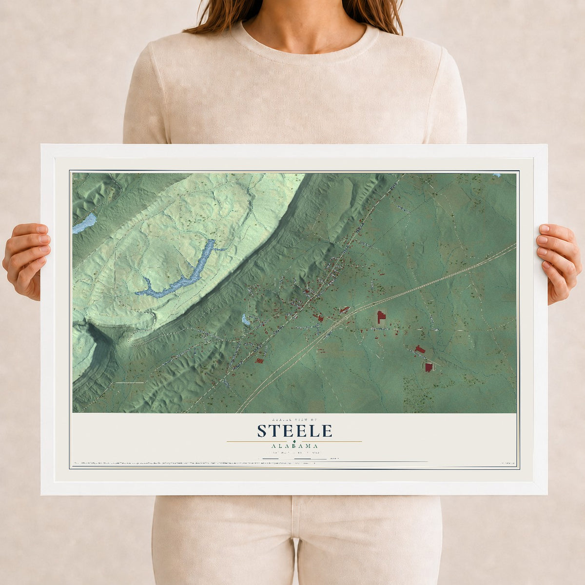 Map of Steele, Alabama, 12 x 18 inch print in a white wood frame