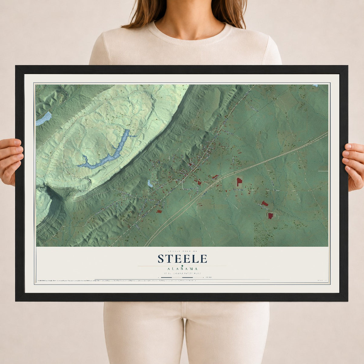 Map of Steele, Alabama, 18 x 24 inch print in a black wood frame