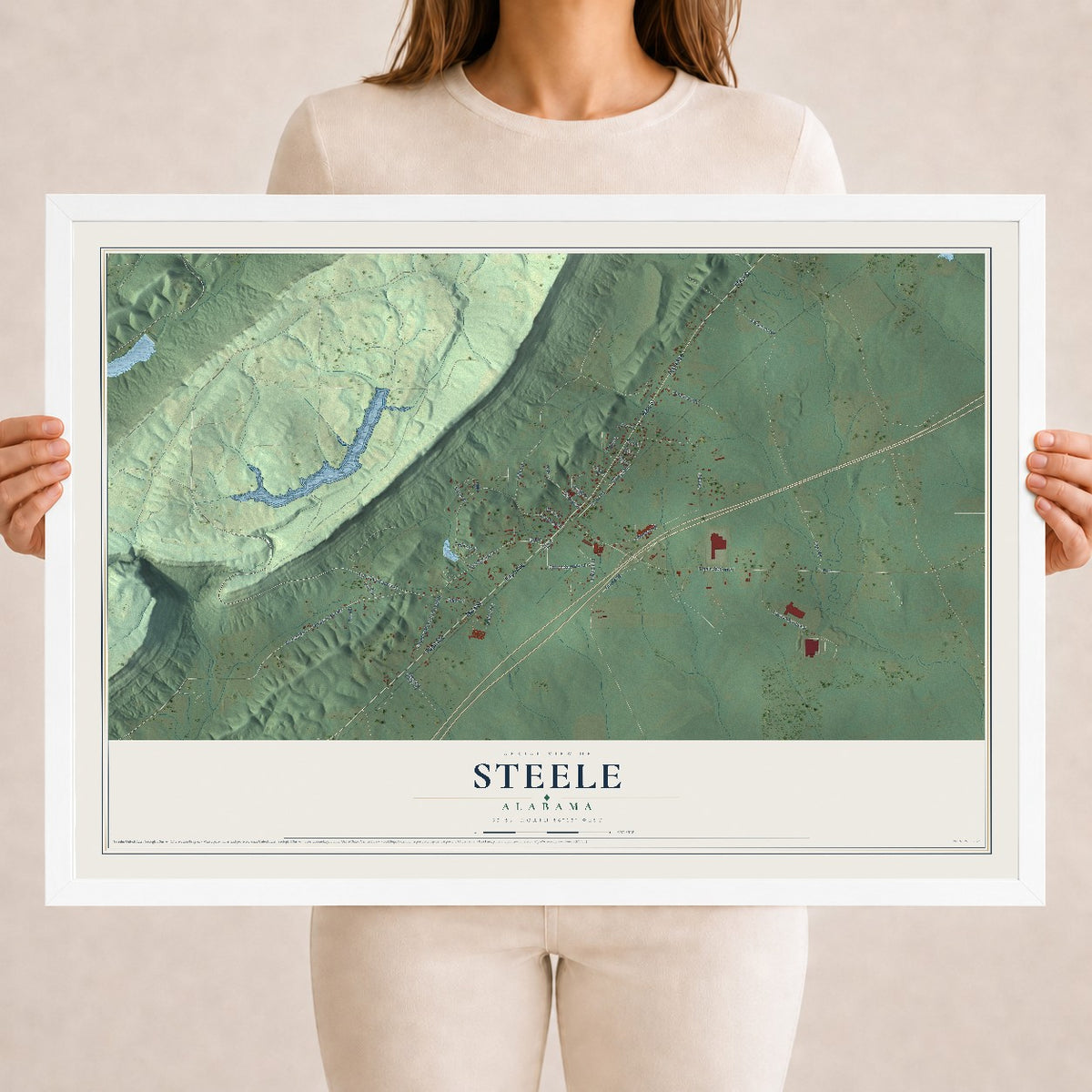 Map of Steele, Alabama, 18 x 24 inch print in a white wood frame