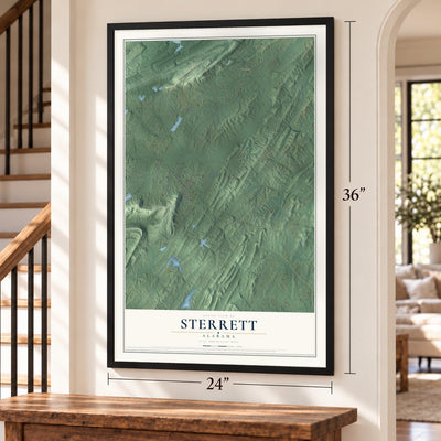 Sterrett, Alabama map, 24 x 36 inch print in a black frame by a staircase