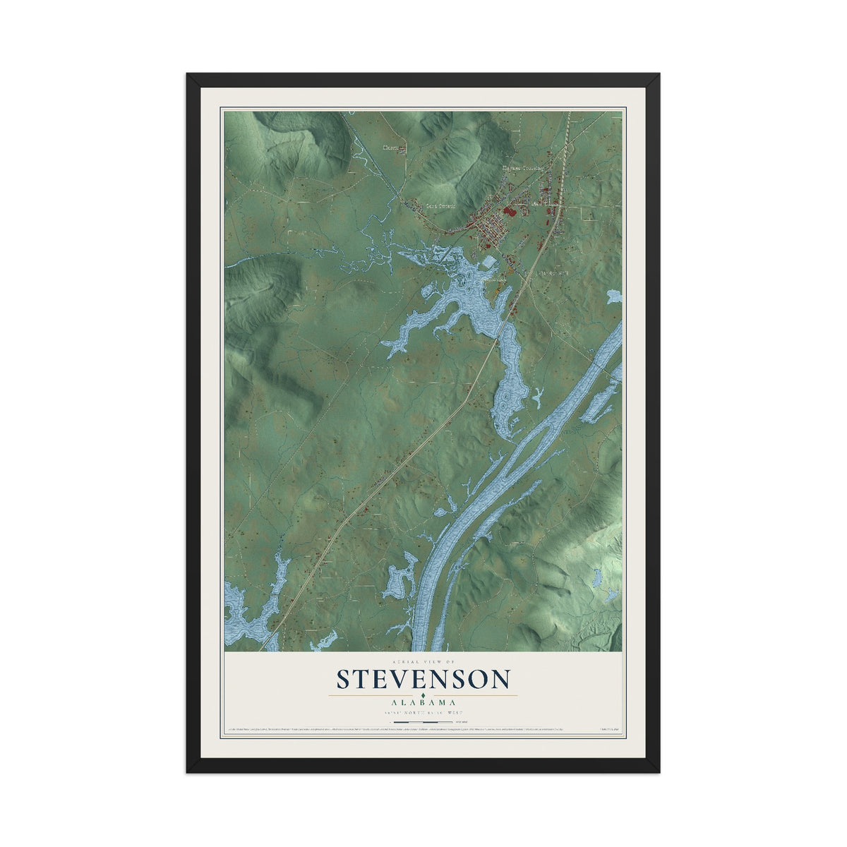 Map of Stevenson, Alabama, 12 x 18 inch print in a black wood frame
