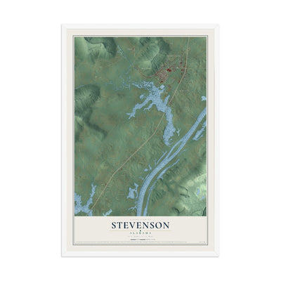 Map of Stevenson, Alabama, 12 x 18 inch print in a white wood frame