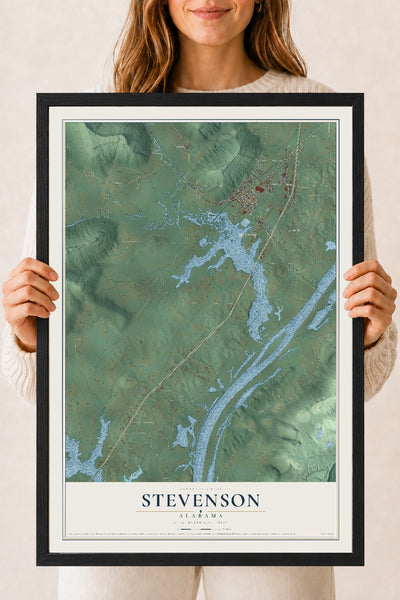 Map of Stevenson, Alabama, 18 x 24 inch print in a black wood frame