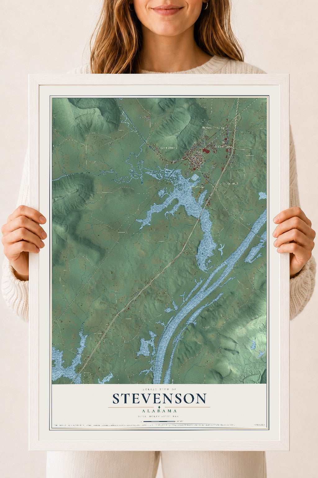 Map of Stevenson, Alabama, 18 x 24 inch print in a white wood frame