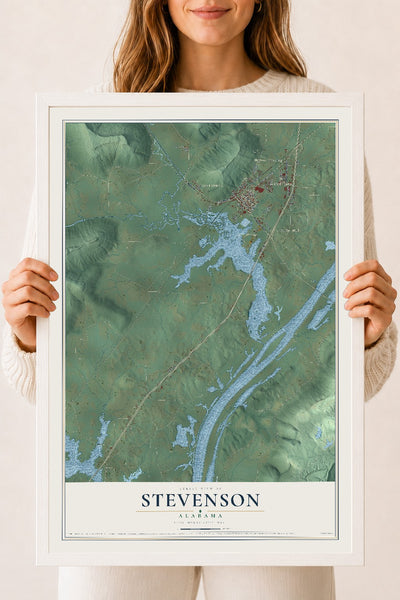 Map of Stevenson, Alabama, 18 x 24 inch print in a white wood frame