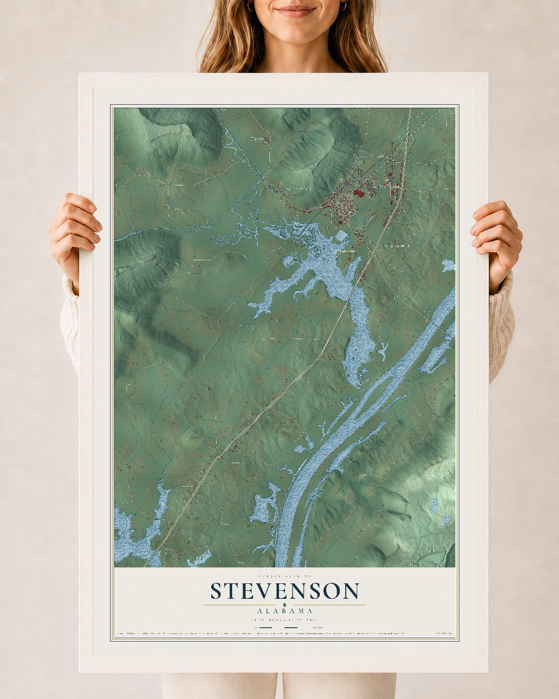 Map of Stevenson, Alabama, 24 x 36 inch print in a white wood frame
