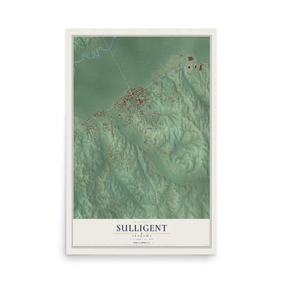 Map of Sulligent, Alabama, 12 x 18 inch unframed archival matte print