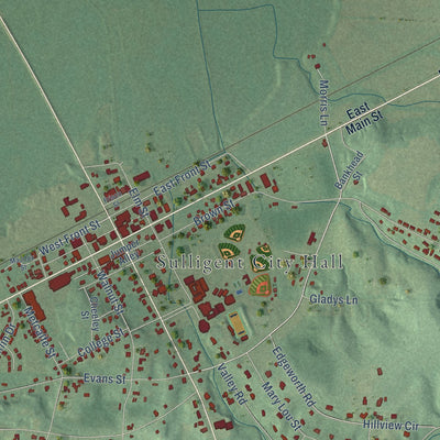 Close-up of the map of Sulligent, Alabama print showing street and building detail