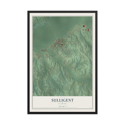 Map of Sulligent, Alabama, 12 x 18 inch print in a black wood frame
