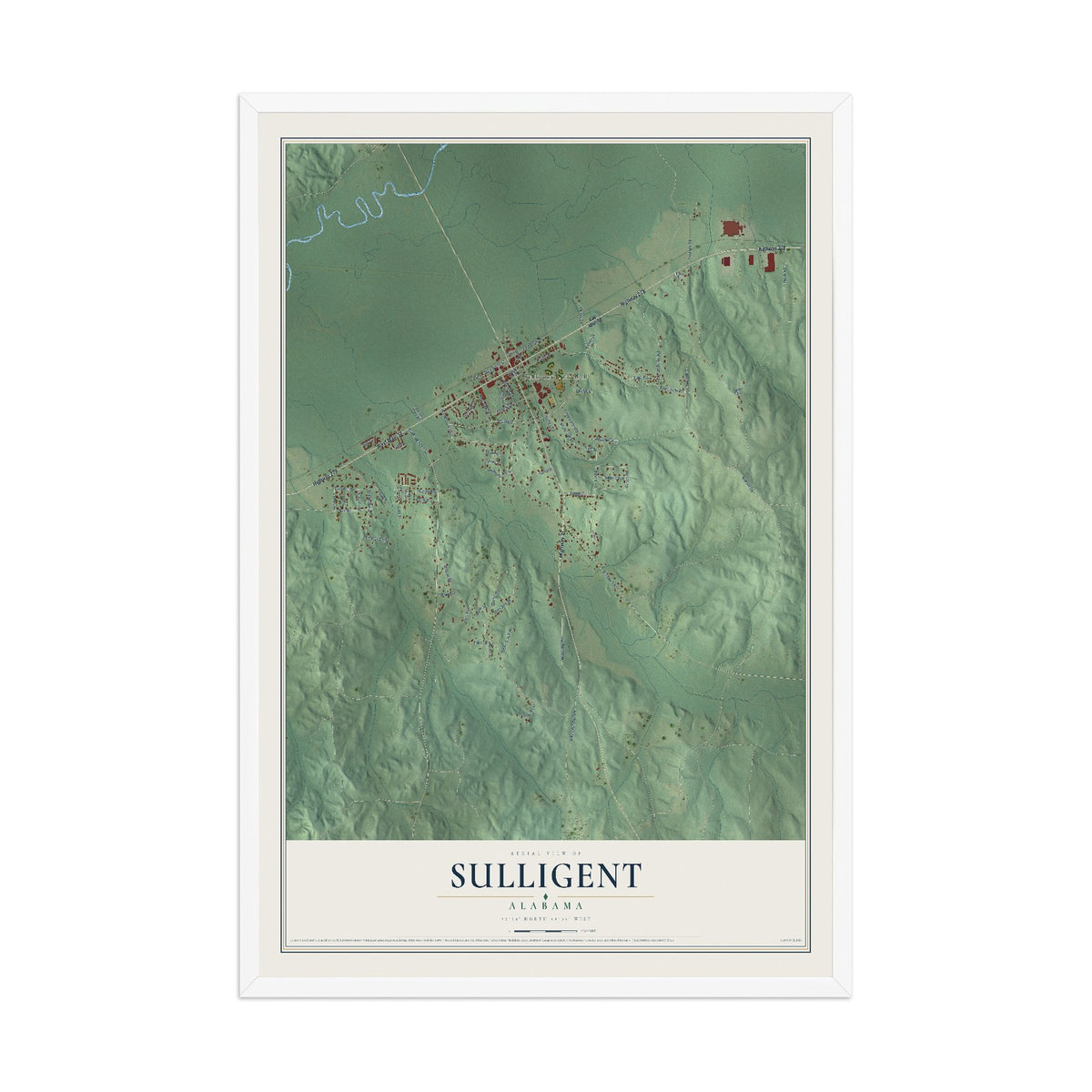 Map of Sulligent, Alabama, 12 x 18 inch print in a white wood frame