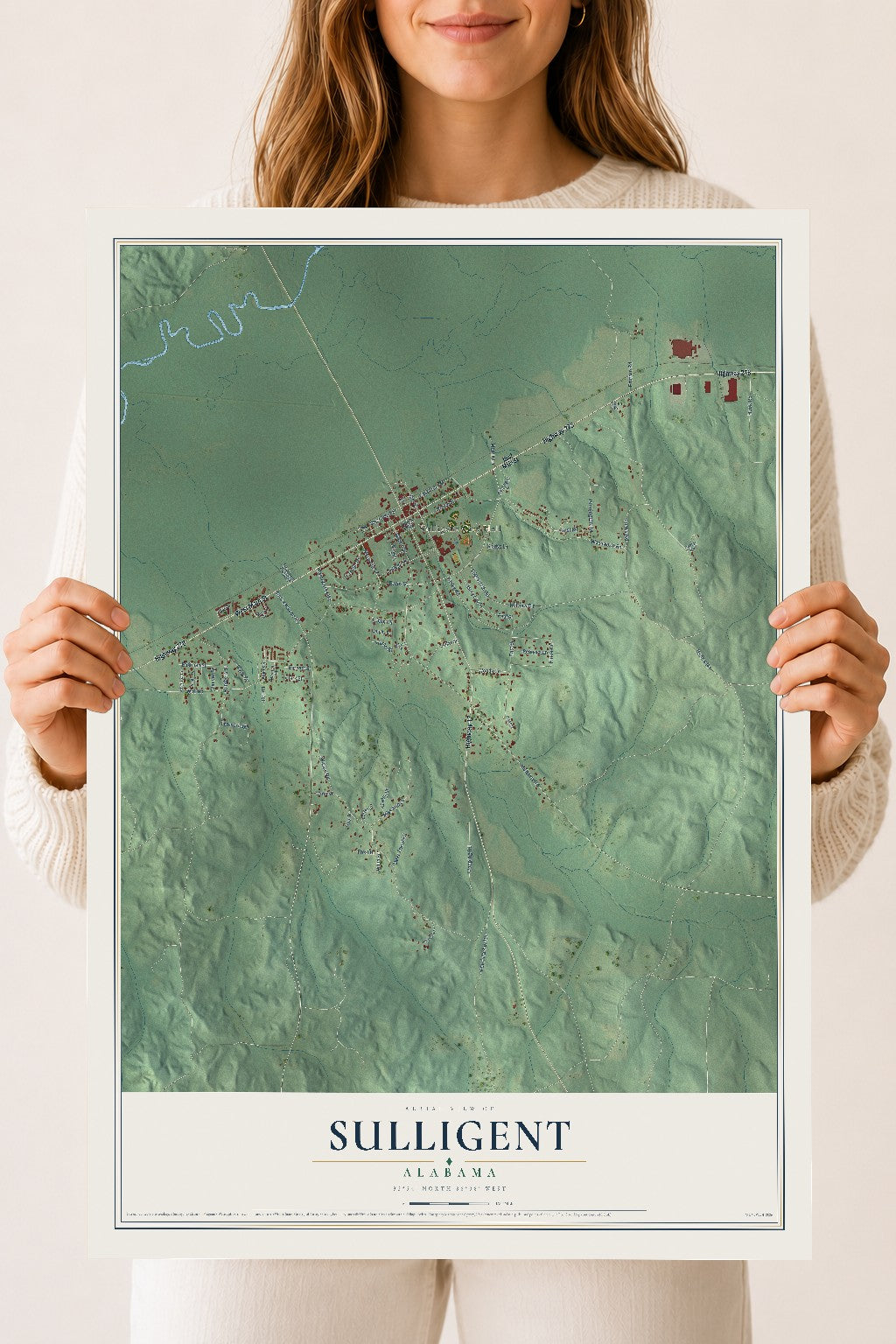 Map of Sulligent, Alabama, 18 x 24 inch unframed archival matte print
