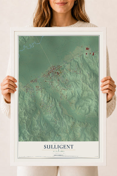 Map of Sulligent, Alabama, 18 x 24 inch print in a white wood frame