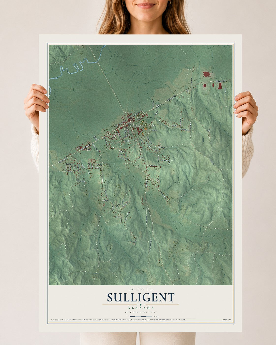 Map of Sulligent, Alabama, 24 x 36 inch unframed archival matte print
