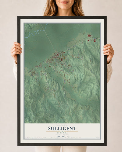 Map of Sulligent, Alabama, 24 x 36 inch print in a black wood frame