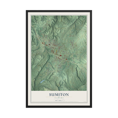 Map of Sumiton, Alabama, 12 x 18 inch print in a black wood frame