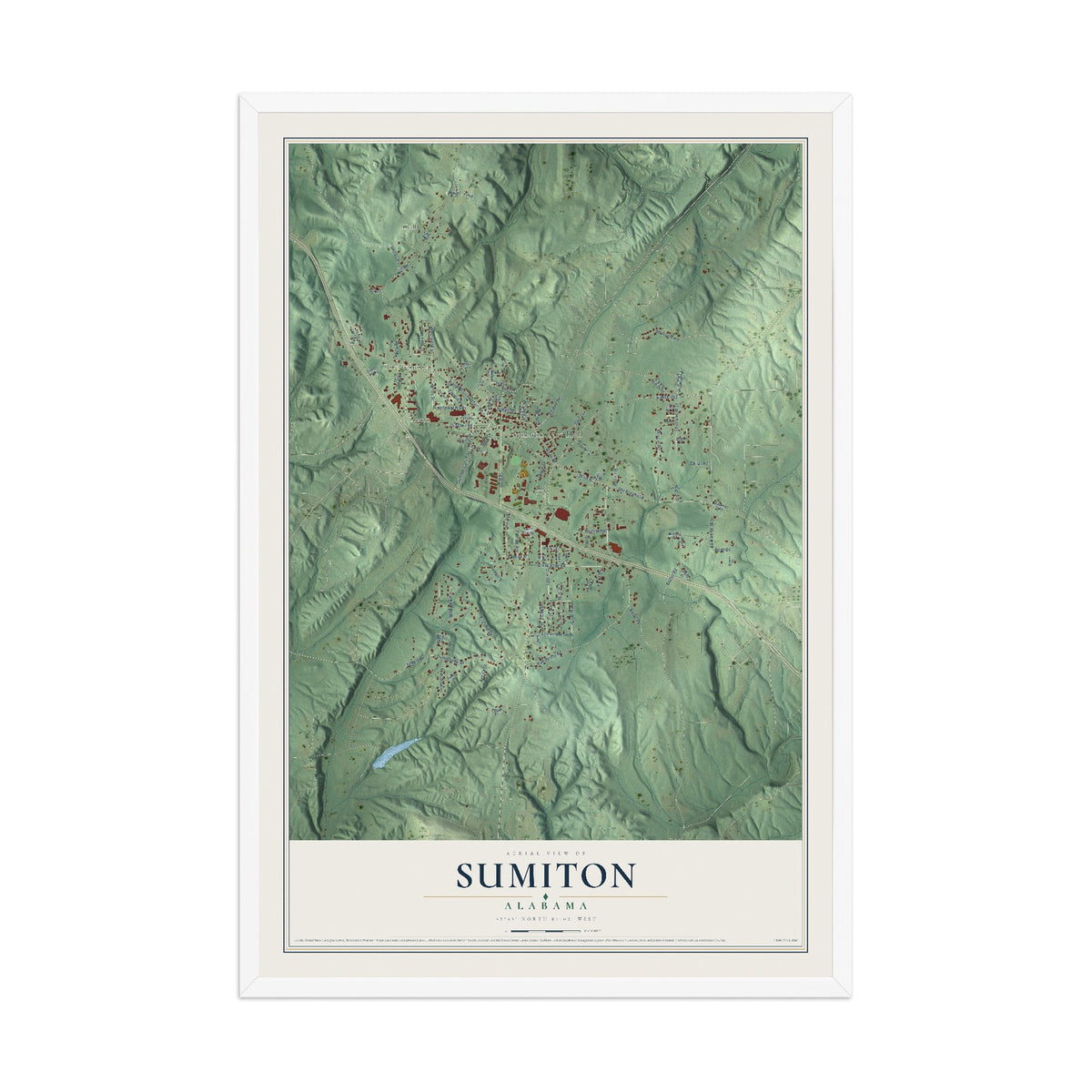Map of Sumiton, Alabama, 12 x 18 inch print in a white wood frame