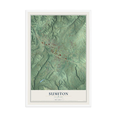 Map of Sumiton, Alabama, 12 x 18 inch print in a white wood frame