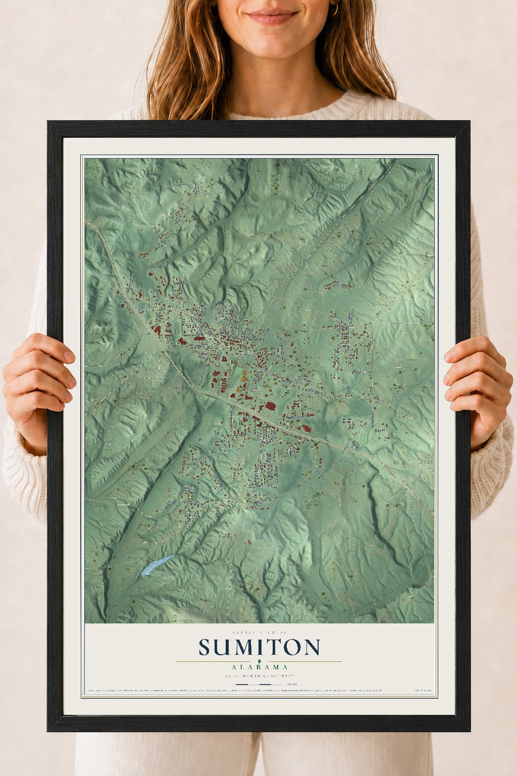 Map of Sumiton, Alabama, 18 x 24 inch print in a black wood frame