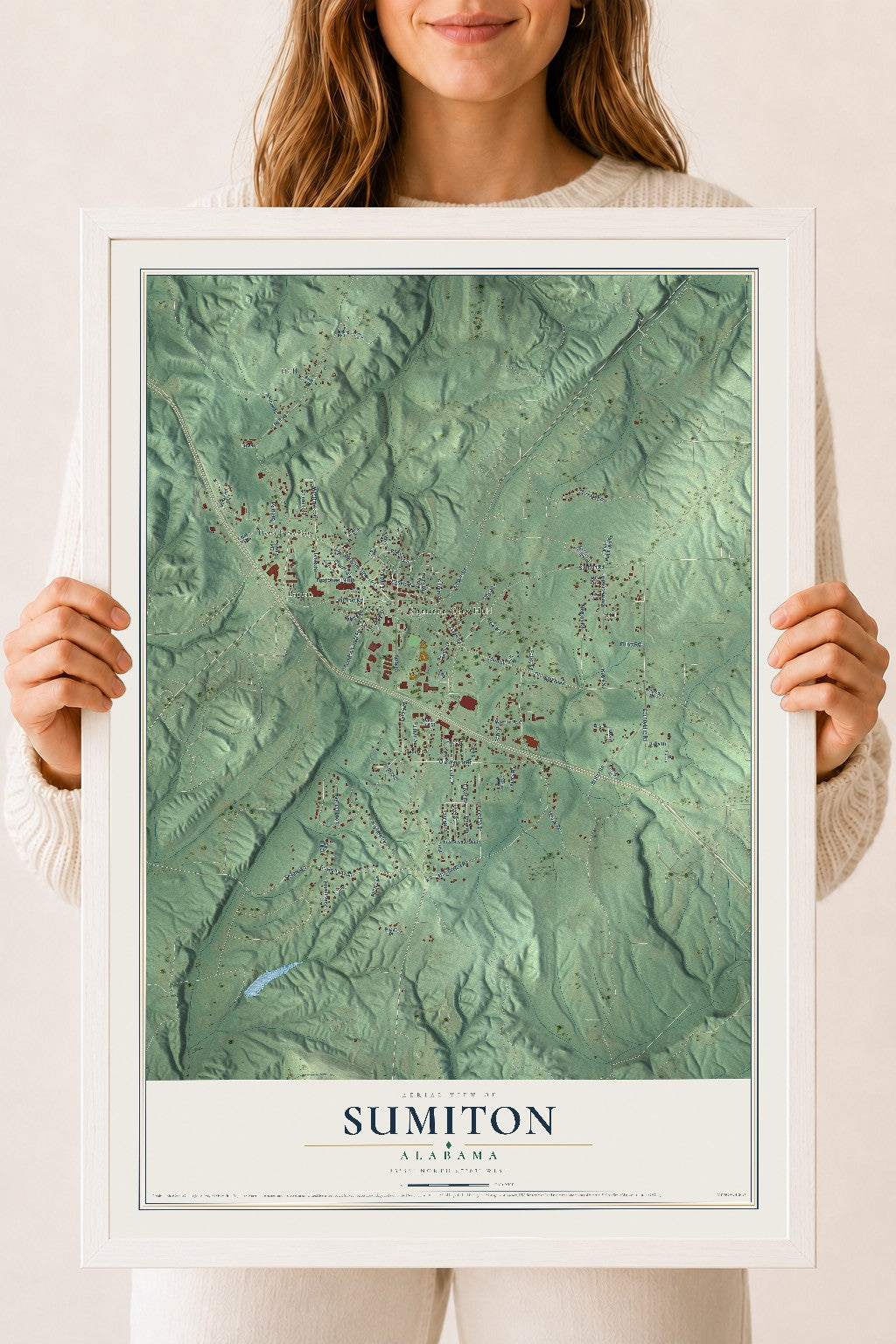 Map of Sumiton, Alabama, 18 x 24 inch print in a white wood frame
