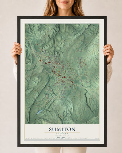 Map of Sumiton, Alabama, 24 x 36 inch print in a black wood frame