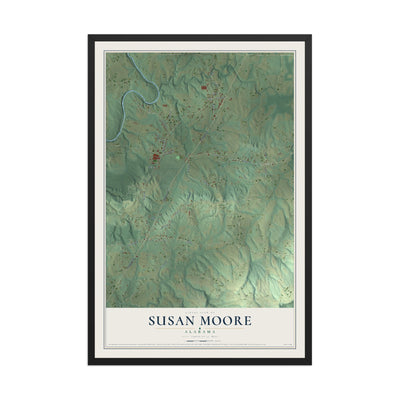 Map of Susan Moore, Alabama, 12 x 18 inch print in a black wood frame