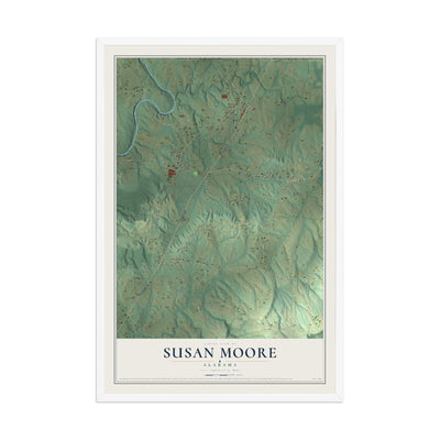 Map of Susan Moore, Alabama, 12 x 18 inch print in a white wood frame