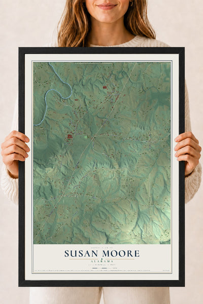 Map of Susan Moore, Alabama, 18 x 24 inch print in a black wood frame