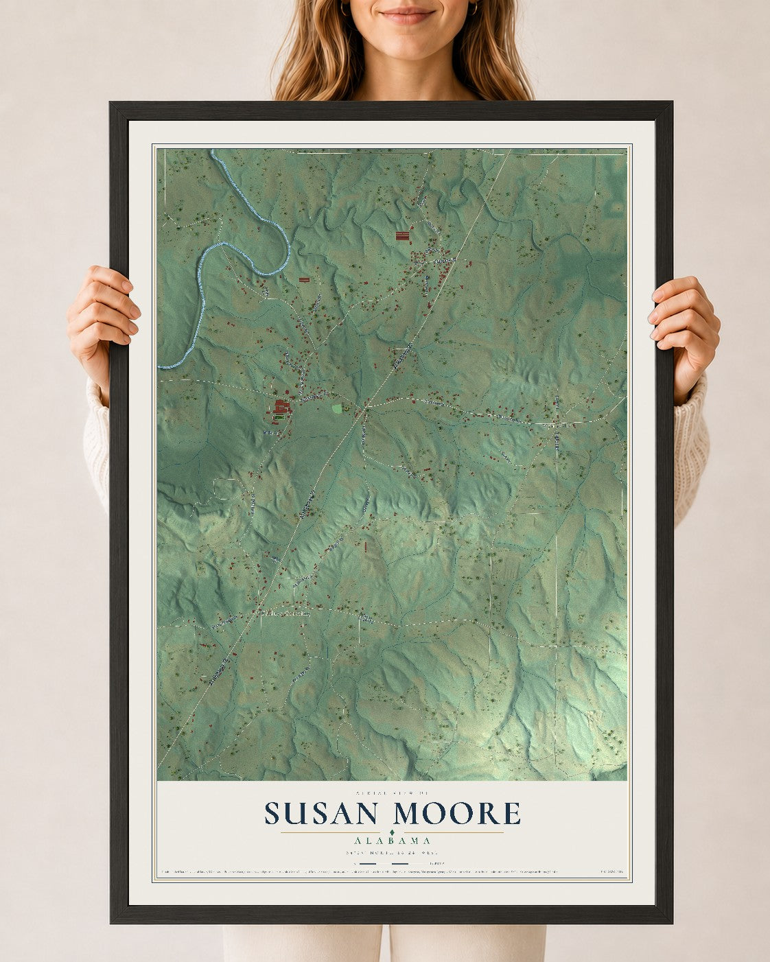 Map of Susan Moore, Alabama, 24 x 36 inch print in a black wood frame