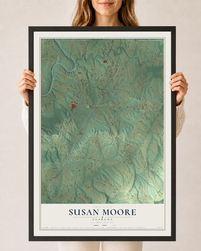 Map of Susan Moore, Alabama, 24 x 36 inch print in a black wood frame