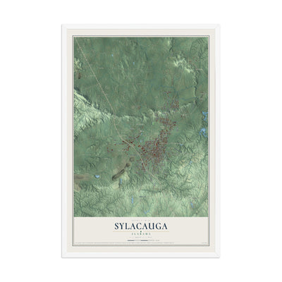 Map of Sylacauga, Alabama, 12 x 18 inch print in a white wood frame