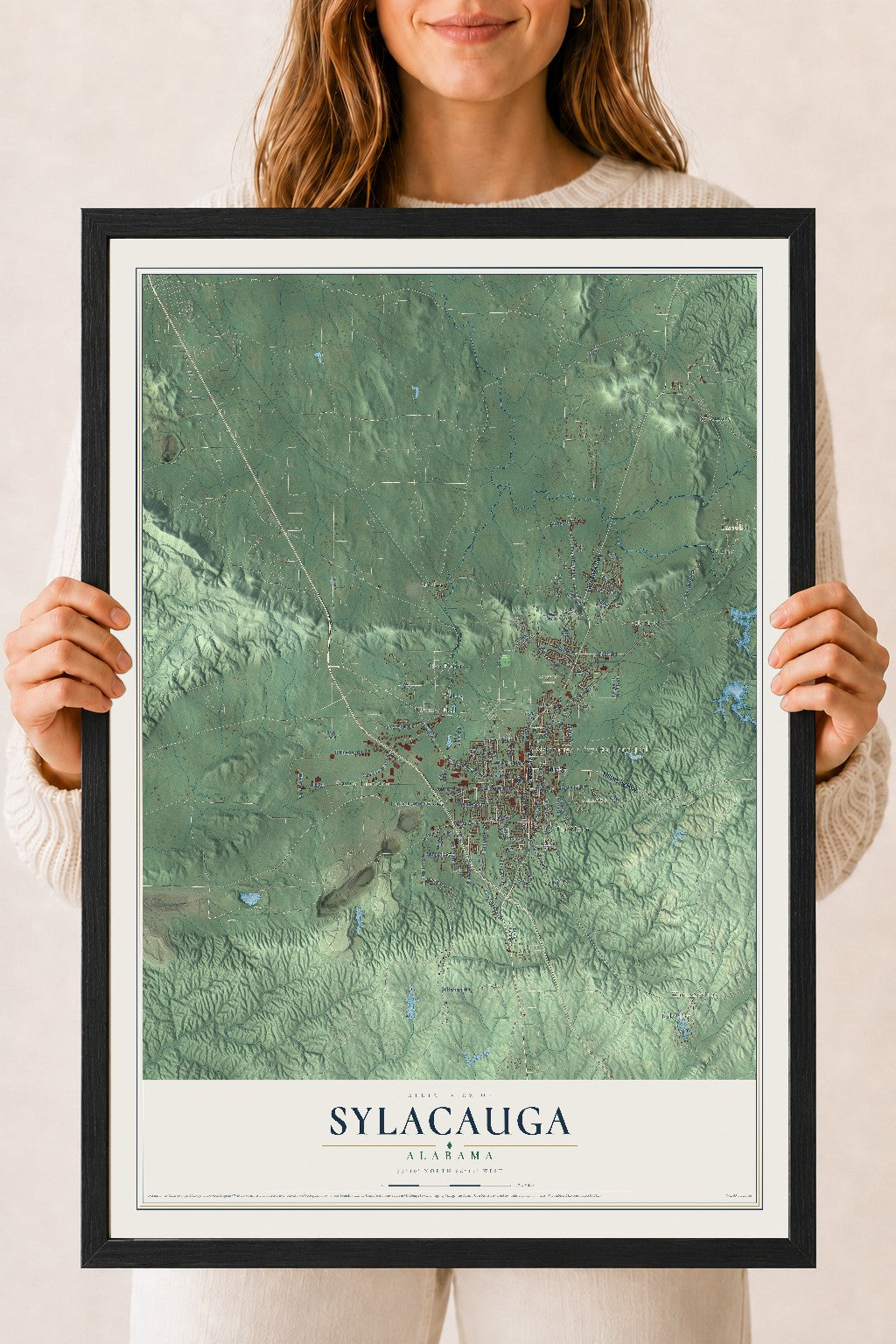 Map of Sylacauga, Alabama, 18 x 24 inch print in a black wood frame