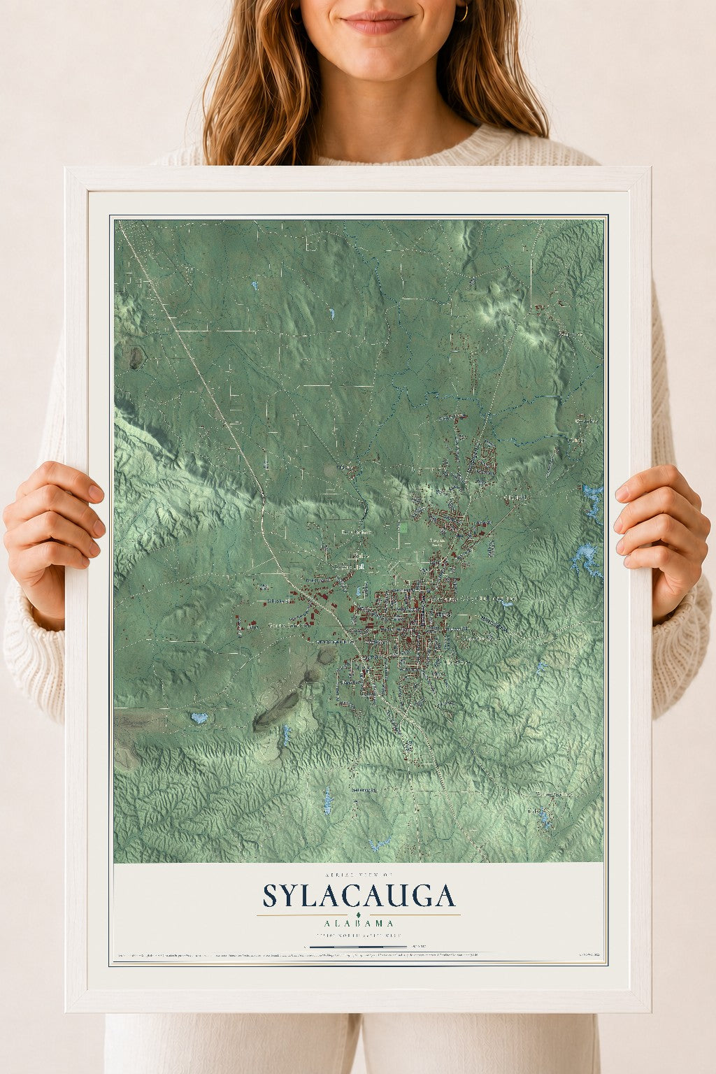 Map of Sylacauga, Alabama, 18 x 24 inch print in a white wood frame