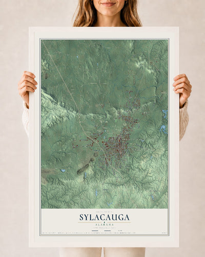 Map of Sylacauga, Alabama, 24 x 36 inch print in a white wood frame