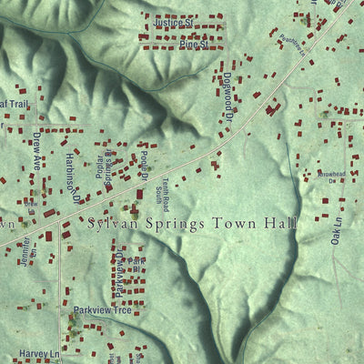 Close-up of the map of Sylvan Springs, Alabama print showing street and building detail