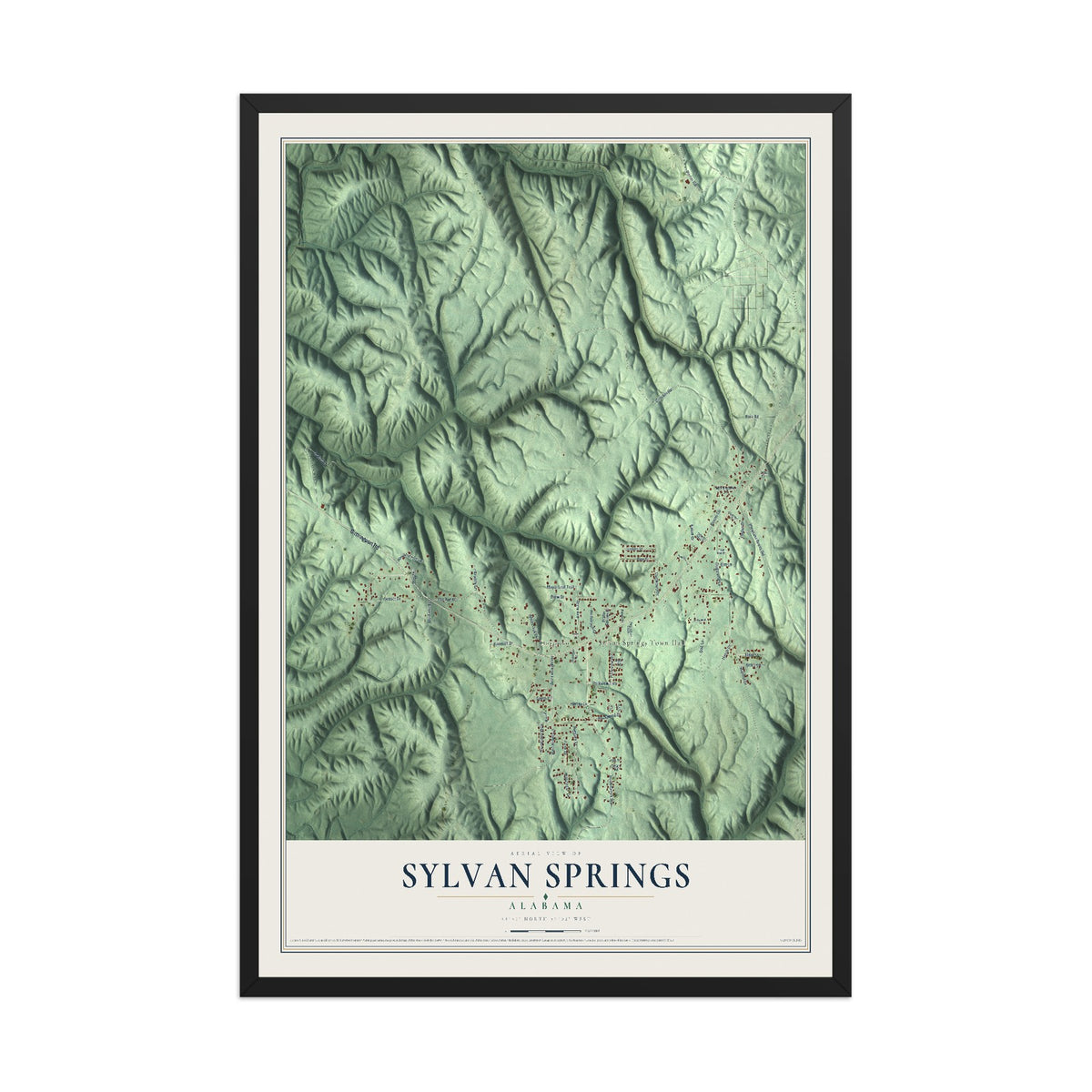 Map of Sylvan Springs, Alabama, 12 x 18 inch print in a black wood frame