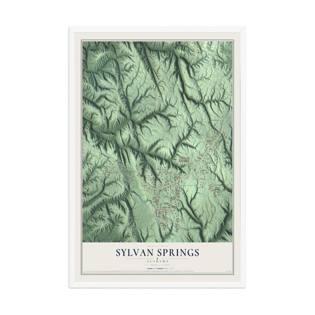 Map of Sylvan Springs, Alabama, 12 x 18 inch print in a white wood frame
