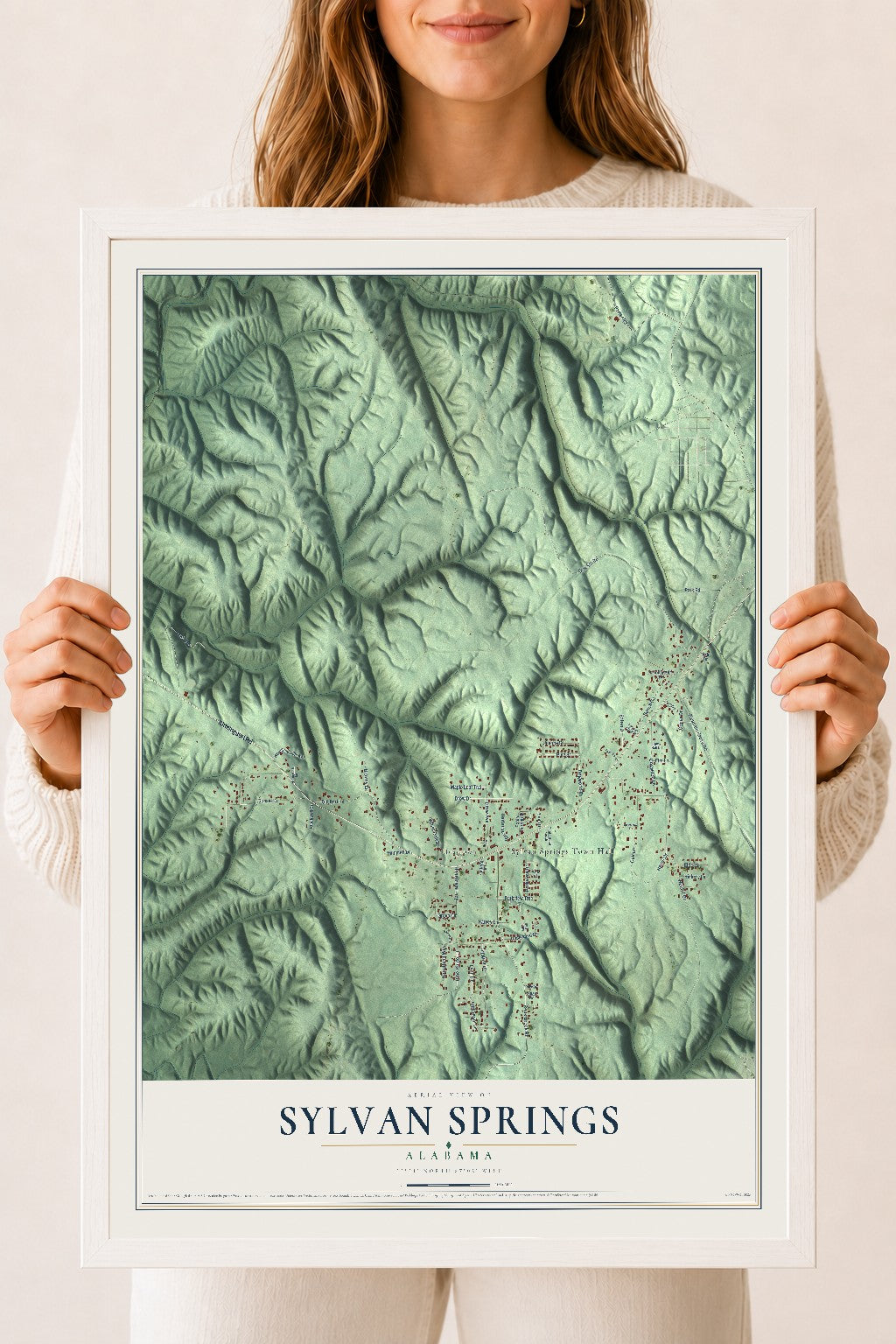 Map of Sylvan Springs, Alabama, 18 x 24 inch print in a white wood frame