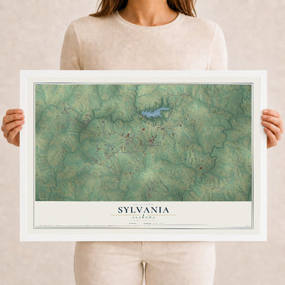 Map of Sylvania, Alabama, 12 x 18 inch print in a white wood frame