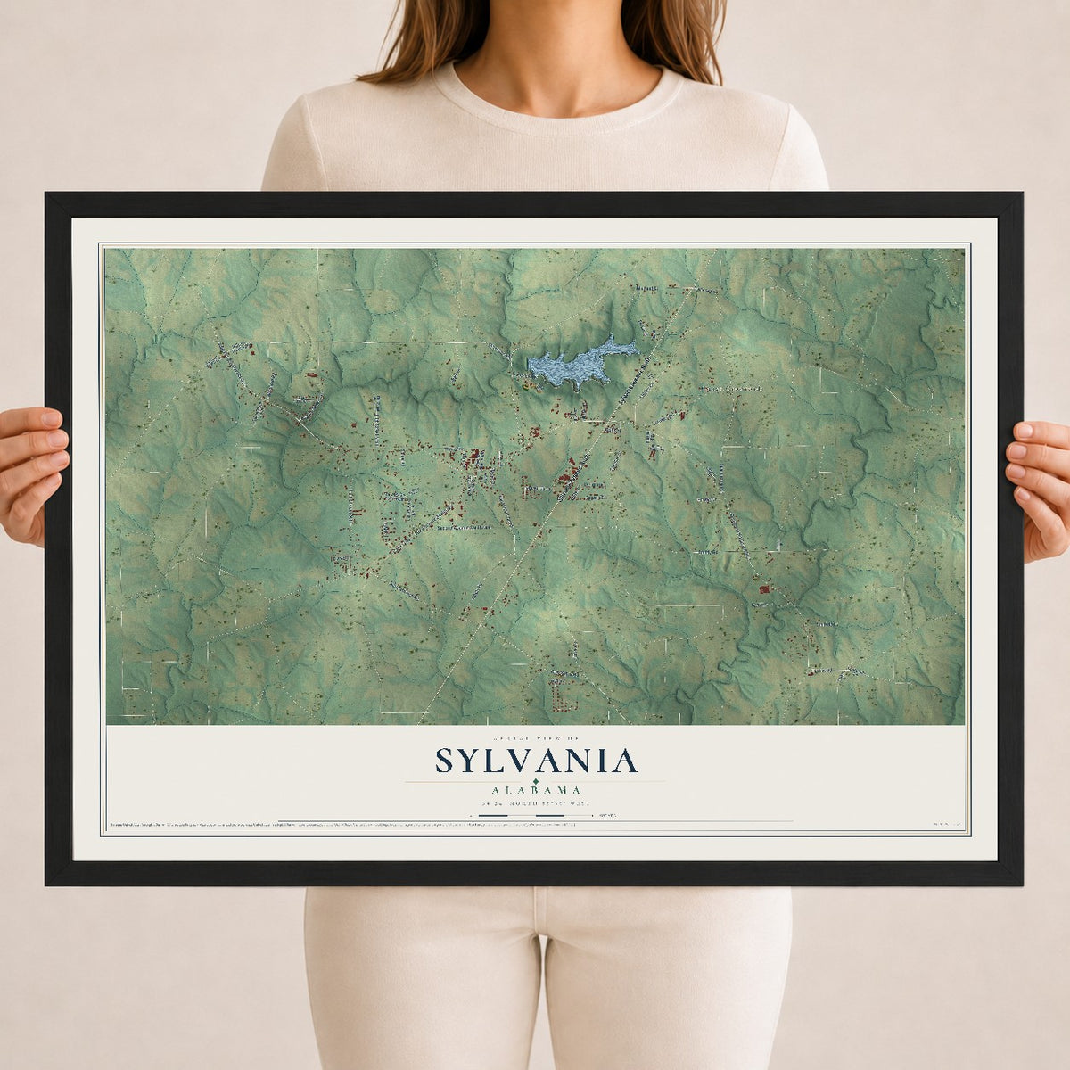 Map of Sylvania, Alabama, 18 x 24 inch print in a black wood frame