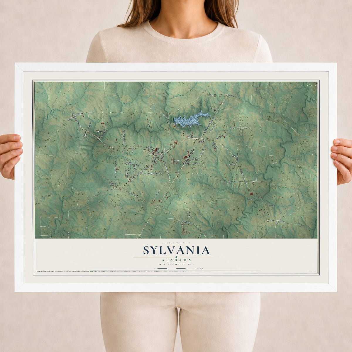 Map of Sylvania, Alabama, 18 x 24 inch print in a white wood frame