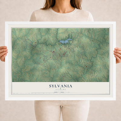 Map of Sylvania, Alabama, 18 x 24 inch print in a white wood frame