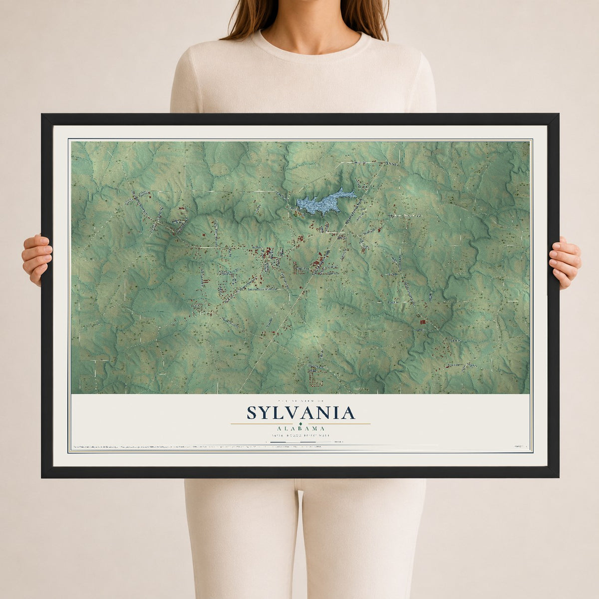 Map of Sylvania, Alabama, 24 x 36 inch print in a black wood frame