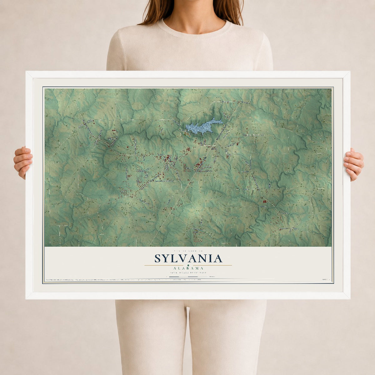 Map of Sylvania, Alabama, 24 x 36 inch print in a white wood frame