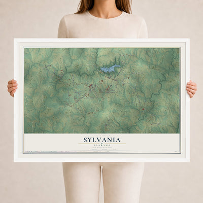 Map of Sylvania, Alabama, 24 x 36 inch print in a white wood frame