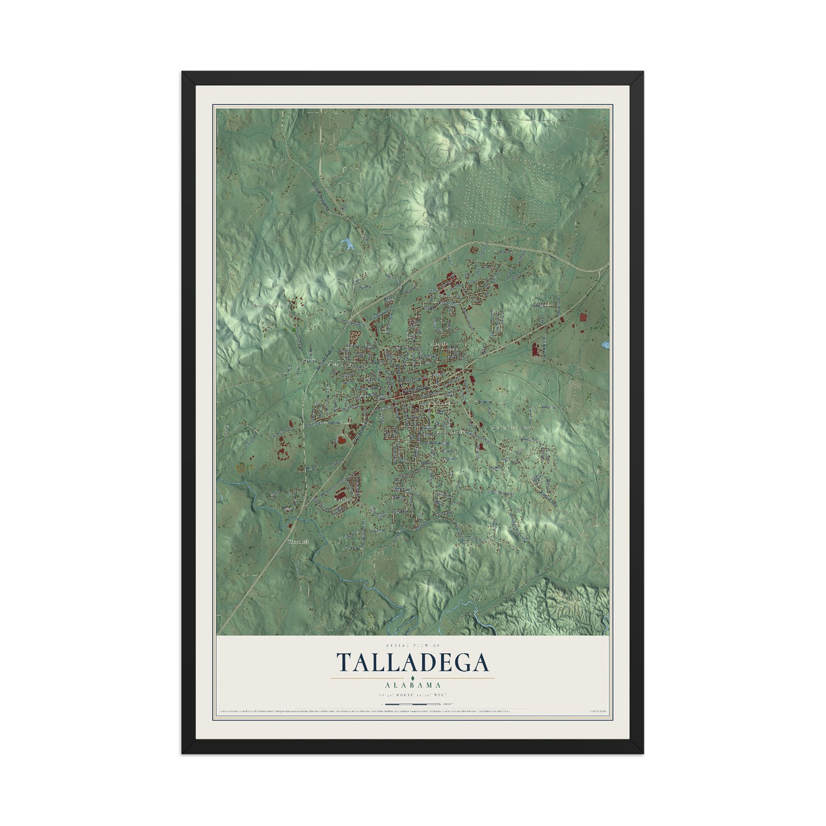 Map of Talladega, Alabama, 12 x 18 inch print in a black wood frame