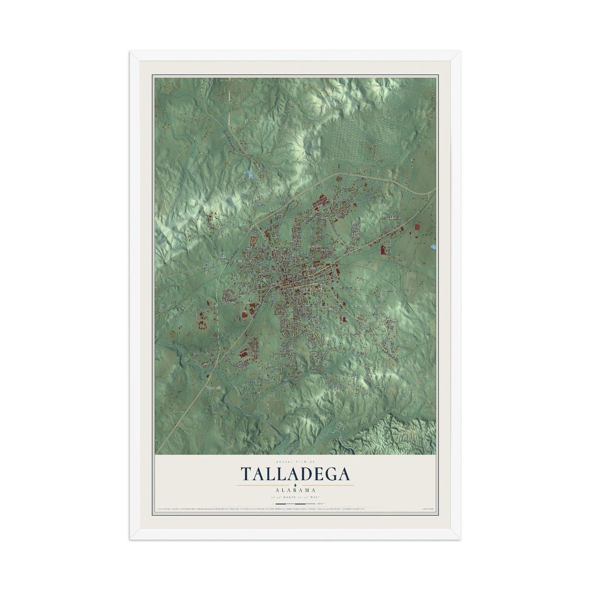 Map of Talladega, Alabama, 12 x 18 inch print in a white wood frame
