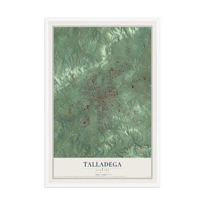 Map of Talladega, Alabama, 12 x 18 inch print in a white wood frame