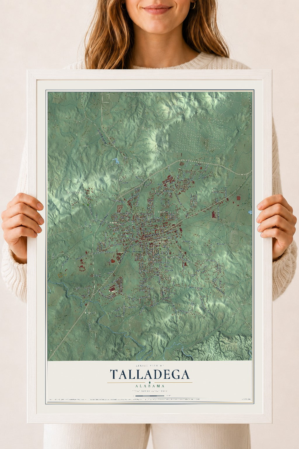 Map of Talladega, Alabama, 18 x 24 inch print in a white wood frame
