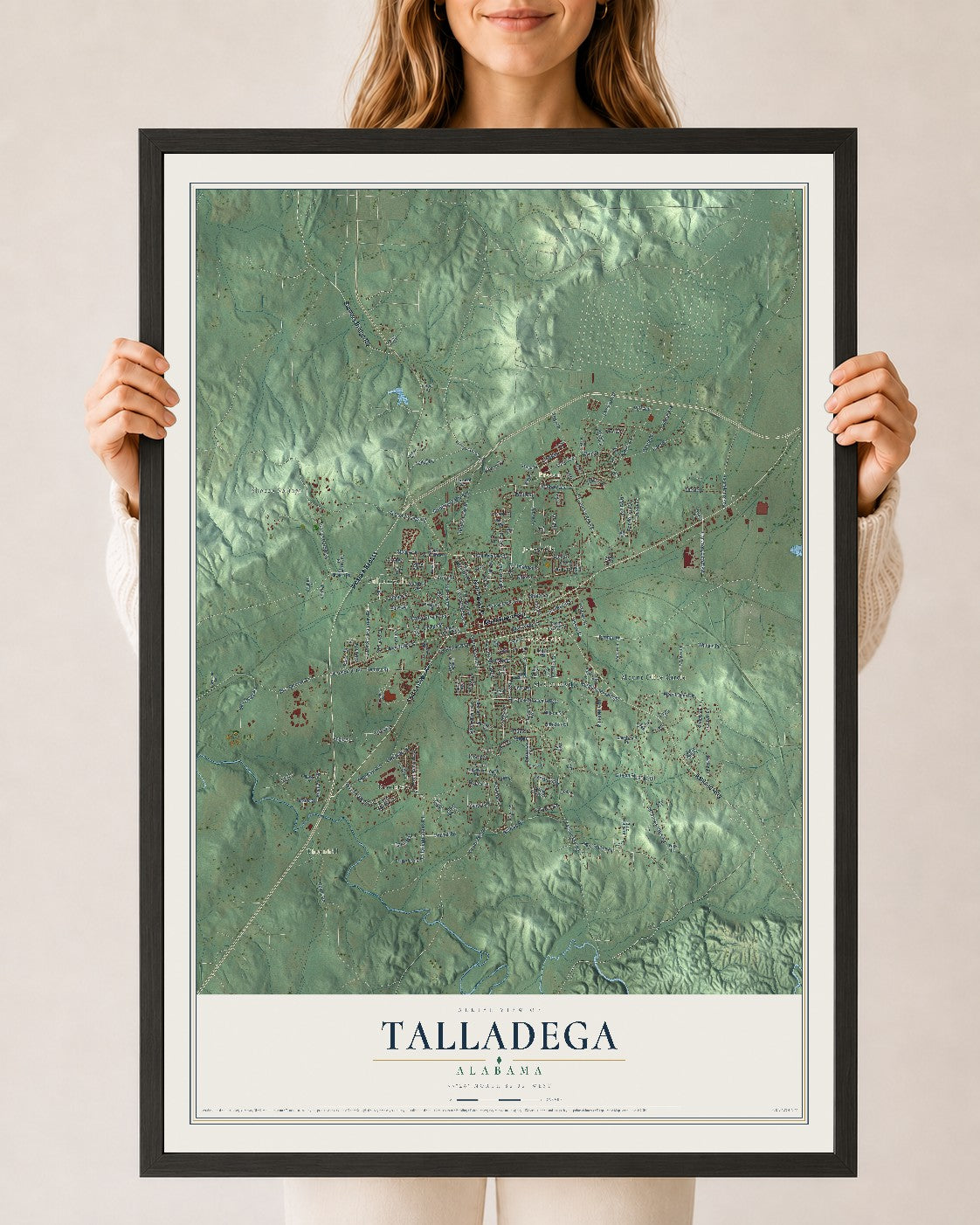 Map of Talladega, Alabama, 24 x 36 inch print in a black wood frame